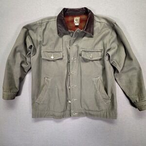 Vintage Marlboro Work Jacket Beige Leather Collar Plannel Lined Mens M
